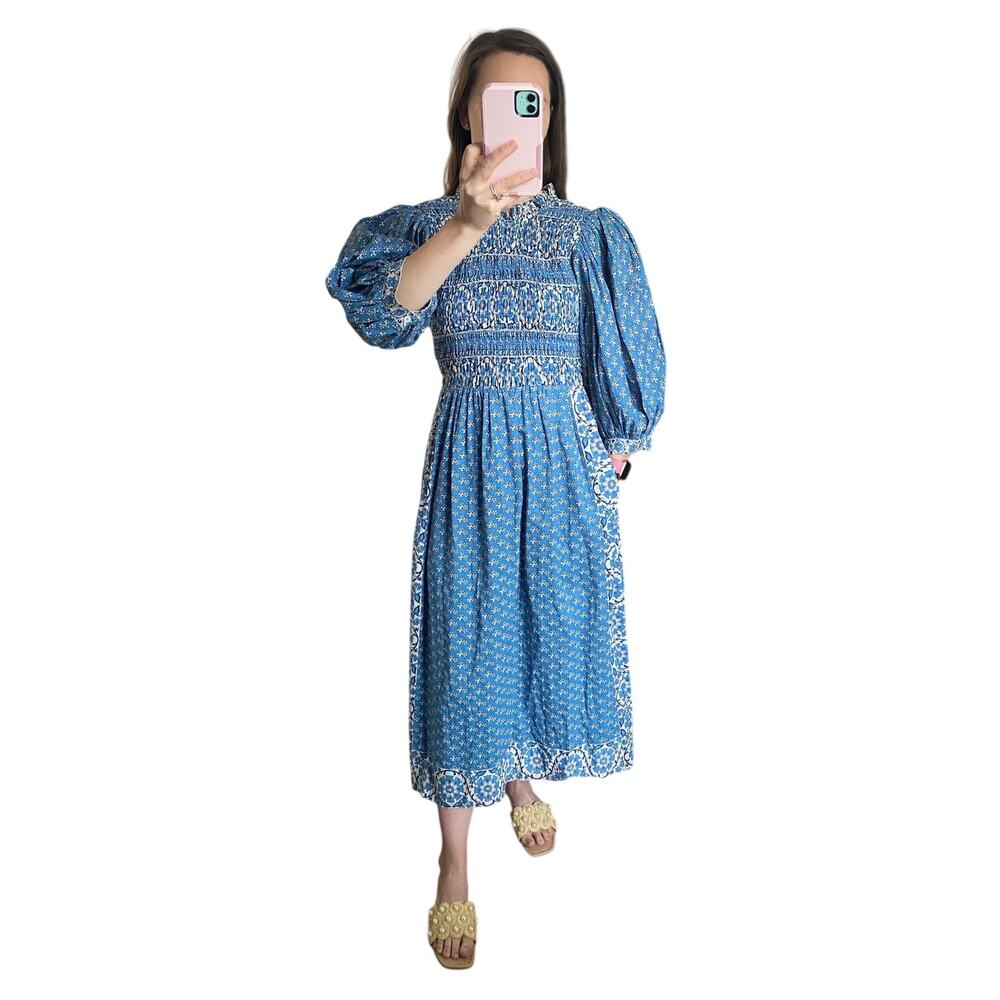Sea New York Tuckernuck Fernanda Puff Sleeve Smocked Midi Dress Blue Cottage XS - Picture 4 of 14